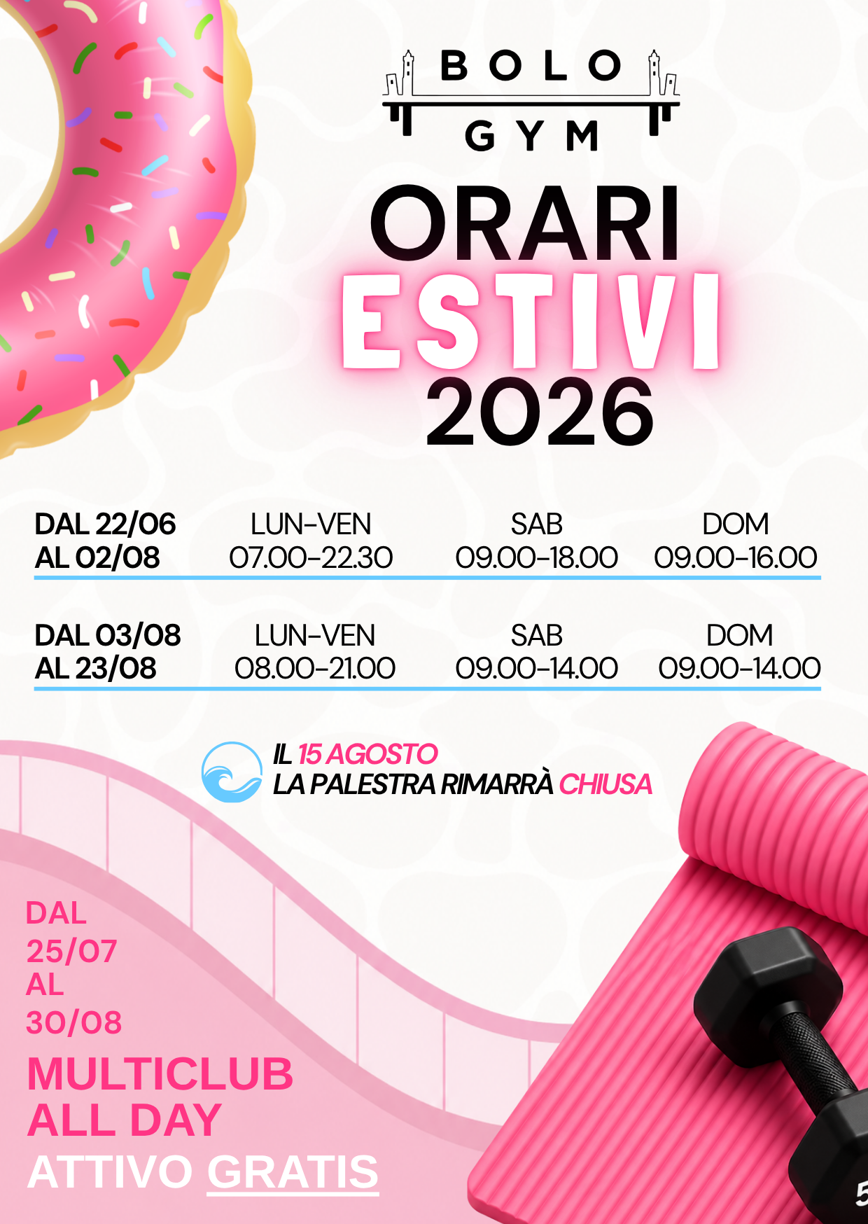 Orari estivi 2026 della palestra BoloGym Bologna, chiusa il 15 agosto